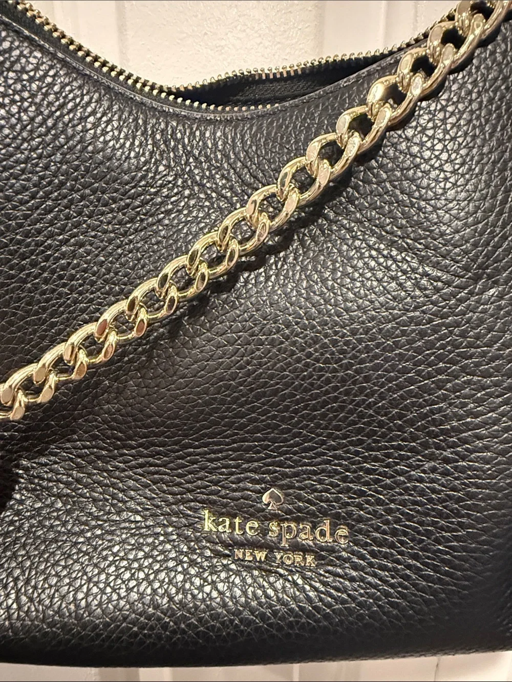 kate spade Black Pebbled Leather Shoulder Bag with Chain Accent
